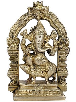 5" Brass Lord Ganesha Idol Seated on Mouse with Kirtimukha Throne | Handmade | Made in India