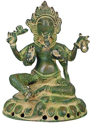 5" Brass Chaturbhuja Lord Ganesha Statue Seated on Lotus | Handmade | Made in India
