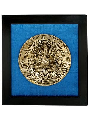 12" Lord Ganesha Seated on Lotus Wall Hanging with Frame In Brass | Handmade | Made In India