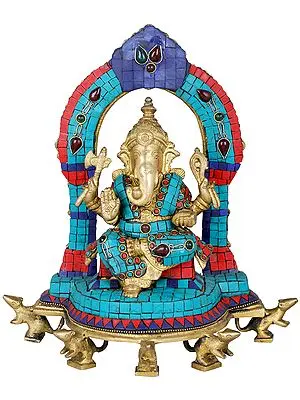 11" Enthroned Ganesha on Five Rats (Inlay Statue) In Brass | Handmade | Made In India