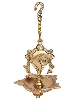 Vaishnava Conch Hanging Five Wicks Lamp (Hoysala Art)