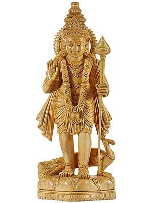 18" Standing Karttikeya Blessing of Fearlessness in Wood | Handmade | Made In South India