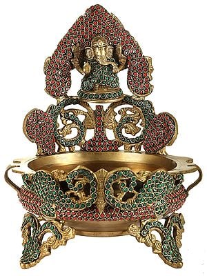 11" Brass Ganesha Urli with Inlay Stone Work | Handmade | Made in India