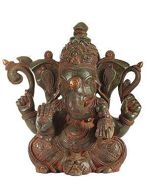 10" Four Armed Seated Lord Ganesha In Brass | Handmade | Made In India