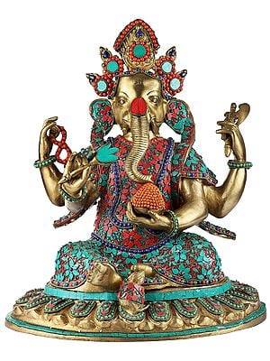 14" Nepalese Form of Lord Ganesha With Inlay Work In Brass | Handmade | Made In India