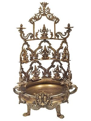 23" Ashtalakshmi Urli With Lamp-Trays At The Zenith And Around The Vessel In Brass | Handmade | Made In India