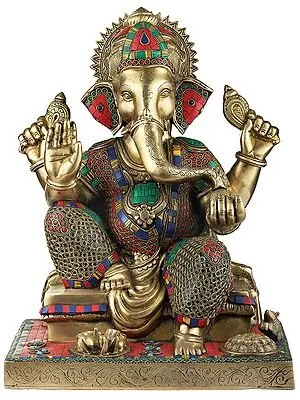16" Colorful Inlayed Blessing Ganesha | Handmade | Brass | Made In India