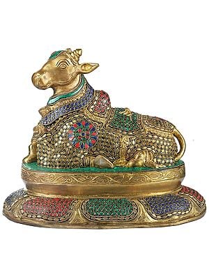 12' Beautiful Inlayed Nandi Seated on a Lotus Plinth In Brass | Handmade | Made In India