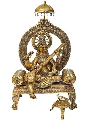 28" Enthroned Saraswati With her Vahana On A Three-Legged Stool In Brass | Handmade | Made In India