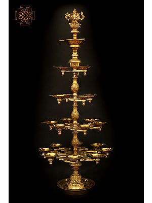 38" Five-Tray Twenty-Four-Wick Ganesha Lamp In Brass and Bronze | Handmade | Made In India