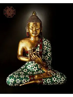 13" Inlayed Lord Buddha in Dharmachakra Mudra In Brass | Handmade | Made In India