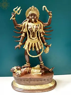 17" Four Armed Goddess Kali Standing on Shiva | Handmade Brass Statue from India