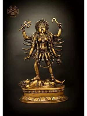 17" Four Armed Goddess Kali Standing On Lord Shiva | Brass | Handmade | Made In India