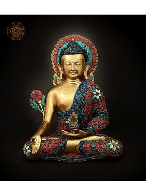 12" Tibetan Buddhist Finely Inlaid Medicine Buddha In Brass | Handmade | Made In India