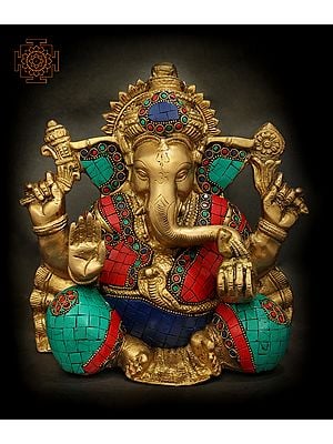 8" Four Armed Auspicious Lord Ganesha With Inlay Work In Brass | Handmade | Made In India
