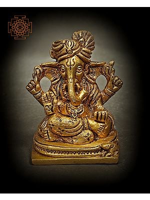 Seated Turbaned Lord Ganesha Small Size Statue in Brass