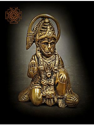 3" Small Seated Hanuman with The Tail in an Aureole In Brass | Handmade | Made In India