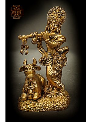 5" Lord Krishna Playing Flute With Holy Cow In Brass | Handmade | Made In India