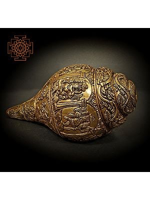 8" Conch With Lord Ganesha Postures In Brass | Handmade | Made In India