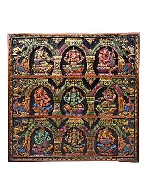 Wood-Carved Panel Of Instrument-Wielding Ganesha Figurines