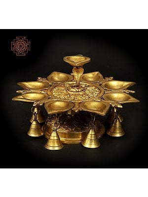 15" Large Nine Wick Arti with Bells with Serpent in Brass | Handmade | Made in India