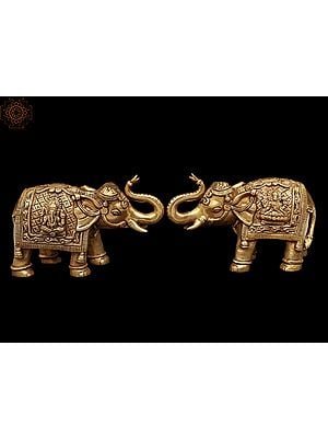 8" Auspicious Gaja Elephant Pair with Lakshmi Ganesha Figures in Brass | Handmade | Made in India