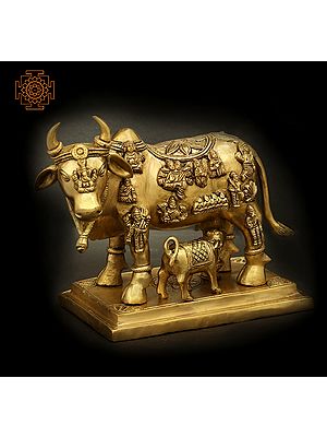 10" Holy Mother Cow with Her Calf in Brass | Handmade | Made in India