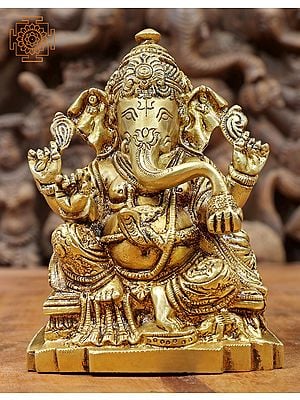 5" Ganesha Seated on Throne - Small Statue In Brass | Handmade | Made In India