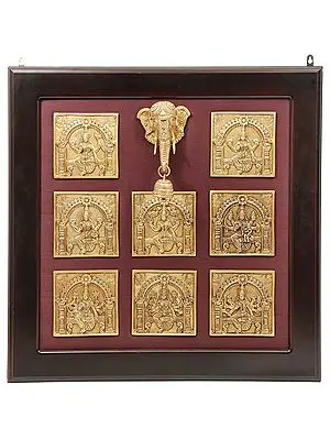 30" Discrete Ashtalakshmi Panel With Miniscule Ganesha-Head (Framed) In Brass | Handmade | Made In India