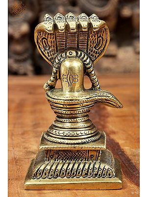 4" Shiva Linga with Five Hooded Crowning Serpent In Brass | Handmade | Made In India