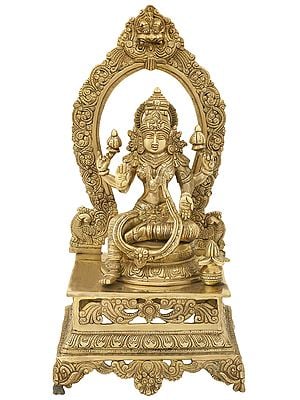 20" Lalitasana Lakshmi, Flanked By Peacocks, With The Poojana Kalasha At Her Feet In Brass | Handmade | Made In India