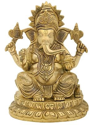 9" Lord Ganesha in Abhaya Mudra while Eating Modak In Brass | Handmade | Made In India