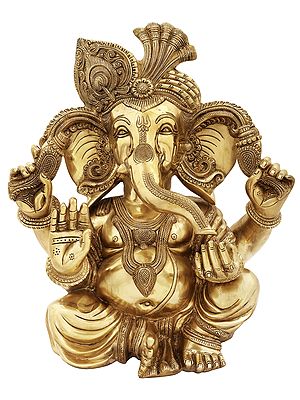 18" Seated Turbaned Lord Ganesha In Brass | Indian Handcrafted Idol