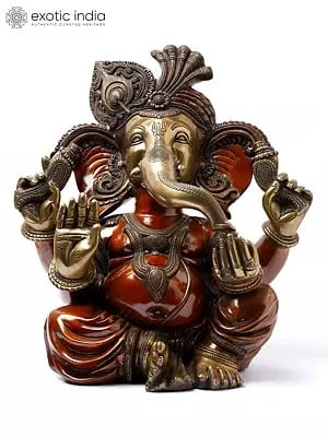 18" Seated Turbaned Lord Ganesha In Brass | Handmade | Made In India