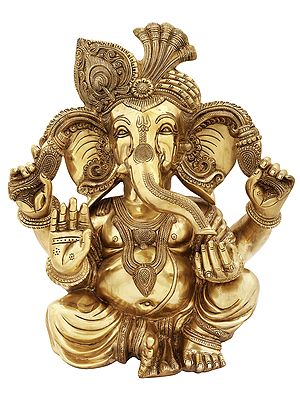 18" Seated Turbaned Lord Ganesha In Brass | Handmade | Made In India