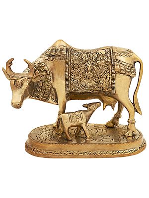 8" Dev Tulya Holy Cow with Laxmi Ganesha Postures In Brass | Handmade | Made In India