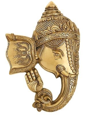 11" Blessing Ganesha Mask Wall Hanging In Brass | Handmade | Made In India