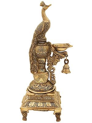 15" Beautiful Peacock Lamp with Bell In Brass | Handmade | Made In India