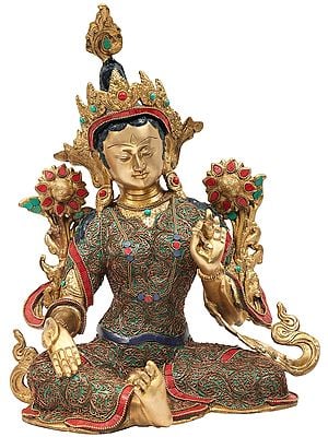 15" Tibetan Buddhist Green Tara with Superfine Colorful Inlay Work In Brass | Handmade | Made In India