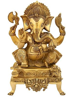 17" Superfine Crowned Lord Ganesha Seated on a Designer Chowki In Brass | Handmade | Made In India