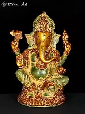 12" Lord Ganesha Seated on Small Round Chowki In Brass | Handmade | Made In India