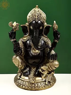 12" Lord Ganesha Seated on Small Round Chowki In Brass | Handmade | Made In India