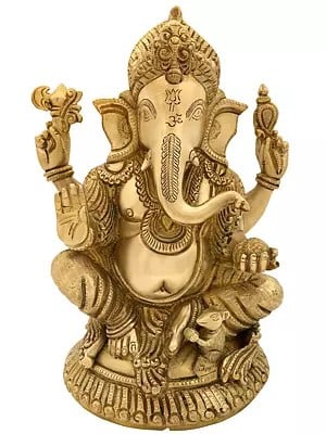12" Lord Ganesha Seated on Small Round Chowki In Brass | Handmade | Made In India