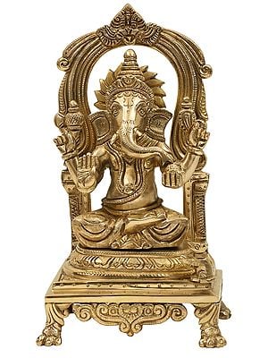 9" Lord Ganesha Seated on Throne with Kirtimukha Prabhavali In Brass | Handmade | Made In India