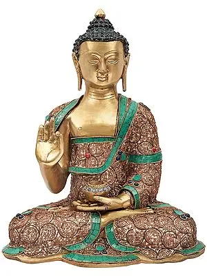 15" Inlayed Blessing Buddha In Brass | Handmade | Made In India