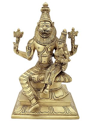 9" Lord Narasimha with Goddess Lakshmi In Brass | Handmade | Made In India