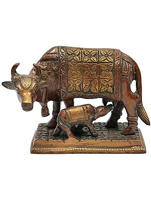 5" Holy Mother Cow Statue with Her Calf in Brass | Handmade | Made in India