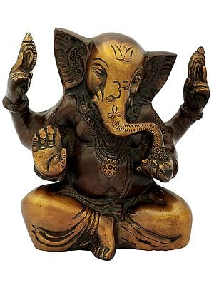 5" Blessing Lord Ganesha Idol Eating Modak in Brass | Handmade | Made in India