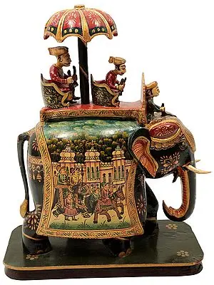 King Seated on His Royal Elephant | Wood Handmade Hand painted Elephant