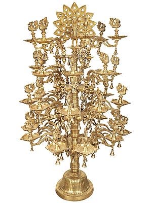 52" Large Sumptuous Dancing Peacock Annam Lamp with Branching Vines and Bells In Brass | Handmade | Made In India